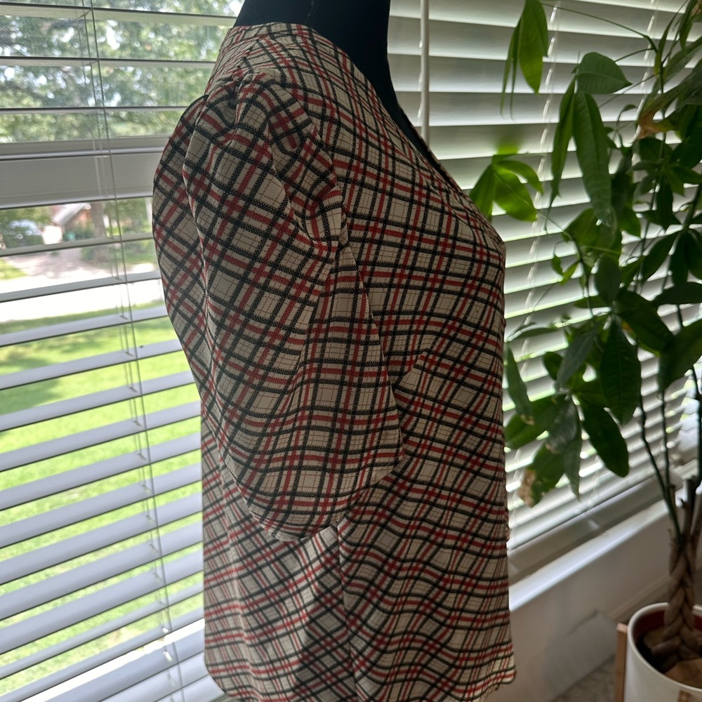 1 State Plaid Puff Sleeve Shirt, Red, Black, White, size large - Picture 2 of 5